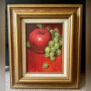 MCM Vintage Still Life Oil Painting Apples Grapes Signed Marling 1982 Framed Art